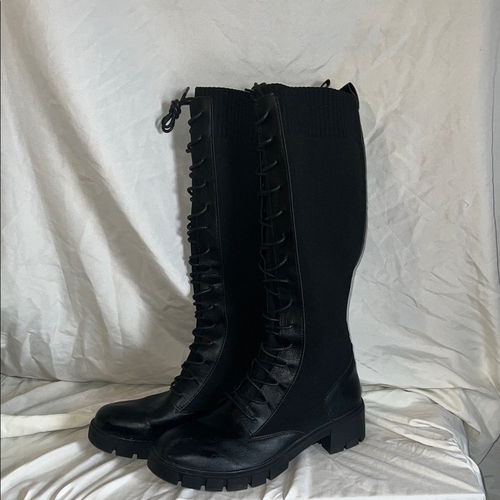 Black Lace-Up Knee High Boots